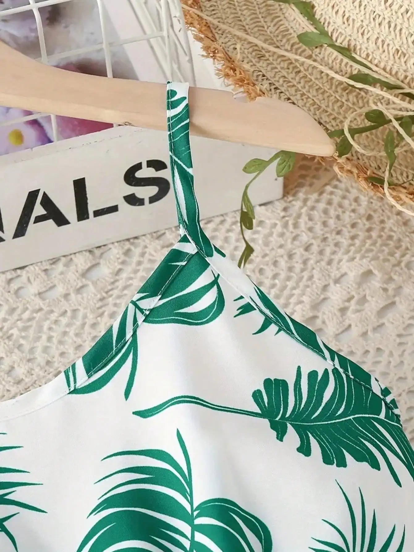 Robe d'été sans manches à imprimé feuilles pour fille - mélange de polyester extensible décontracté, design épaules dénudées, longueur genou, jupe de plage du 8 au 12 ans MAEJORKEN