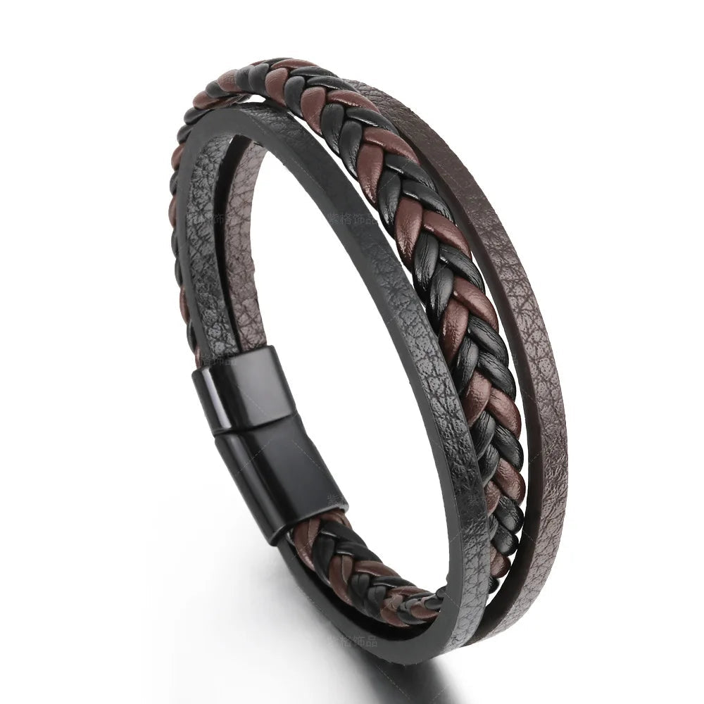 Bracelets en cuir tendance pour hommes, en acier inoxydable, corde tressée multicouche de 21CM, bijoux cadeaux MAEJORKEN