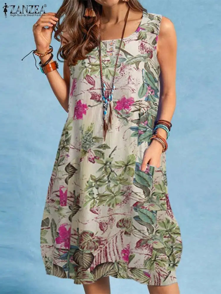 ZANZEA bohème Robe de plage été Vintage imprimé fleuri Robe d'été femmes sans manches genou longueur Robe vacances robes Sarafans MAEJORKEN
