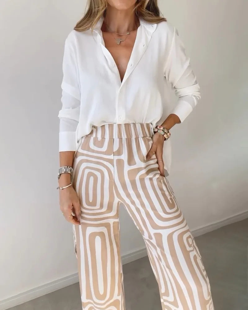 Ensemble élégant décontracté couleur unie taille élastique pantalon imprimé du S au 3XL