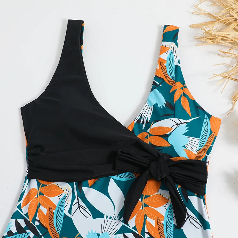 Maillot de bain une pièce imprimé tropical 2026 avec nœud latéral et ceinture, rembourré, pour femme, tenue de plage estivale MAEJORKEN