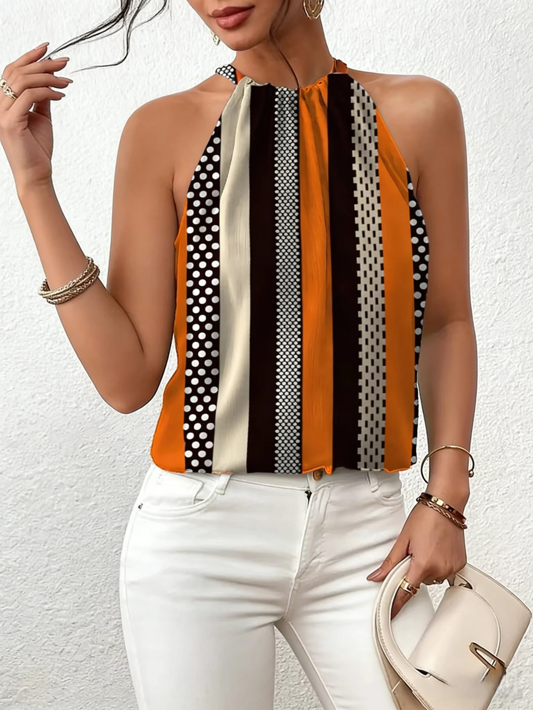 Débardeur pour femmes, printemps été, orange brun, rayé, à pois, col halter, sans manches, rétro chic, décontracté quotidien MAEJORKEN