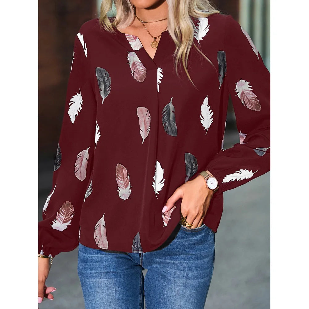 Mode femme Blouse chemises pour femmes haut élégant à manches longues motif de plumes femmes hauts élégant en mousseline de soie Mujer femme vêtements MAEJORKEN