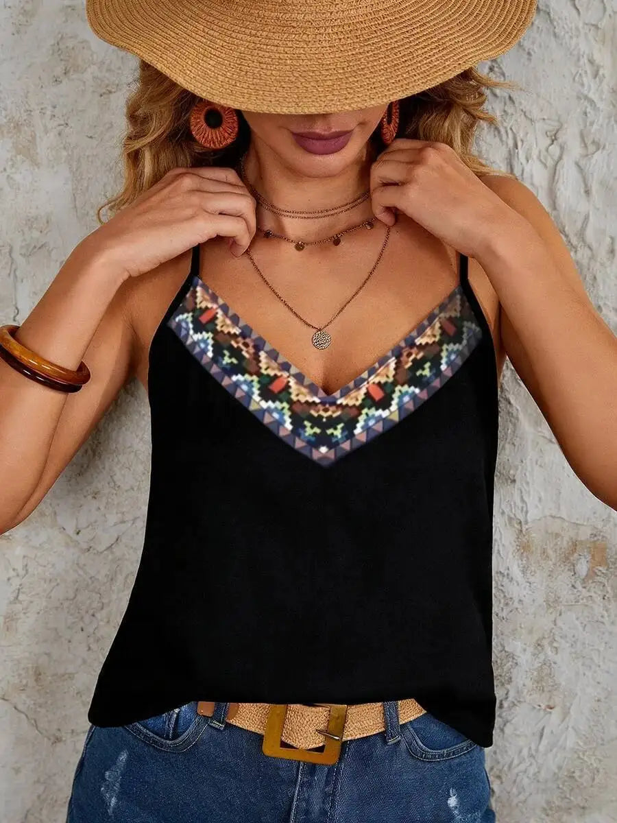 Débardeur Femme Printemps-Été Noir à Bretelles Fines avec Broderie et Col en V Profond – Idéal pour la Saint-Valentin et les Vacances Bohèmes MAEJORKEN