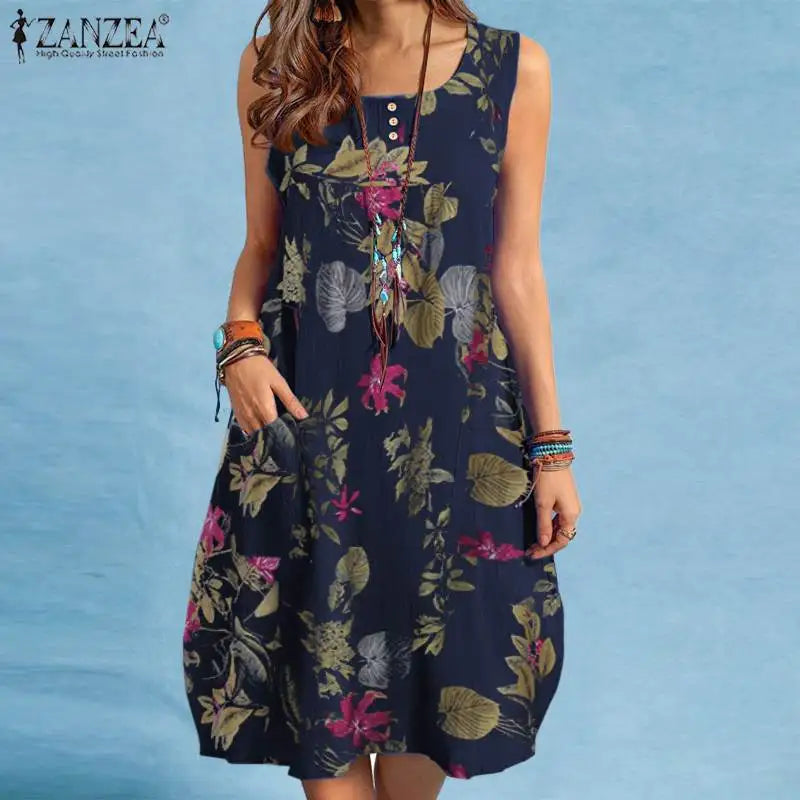 ZANZEA bohème Robe de plage été Vintage imprimé fleuri Robe d'été femmes sans manches genou longueur Robe vacances robes Sarafans MAEJORKEN
