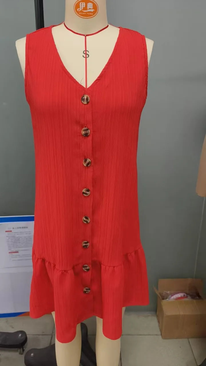 GIBSIE grande taille solide col en V sans manches à volants ourlet robe femmes été bouton avant robe d'été femme décontracté robes courtes amples MAEJORKEN