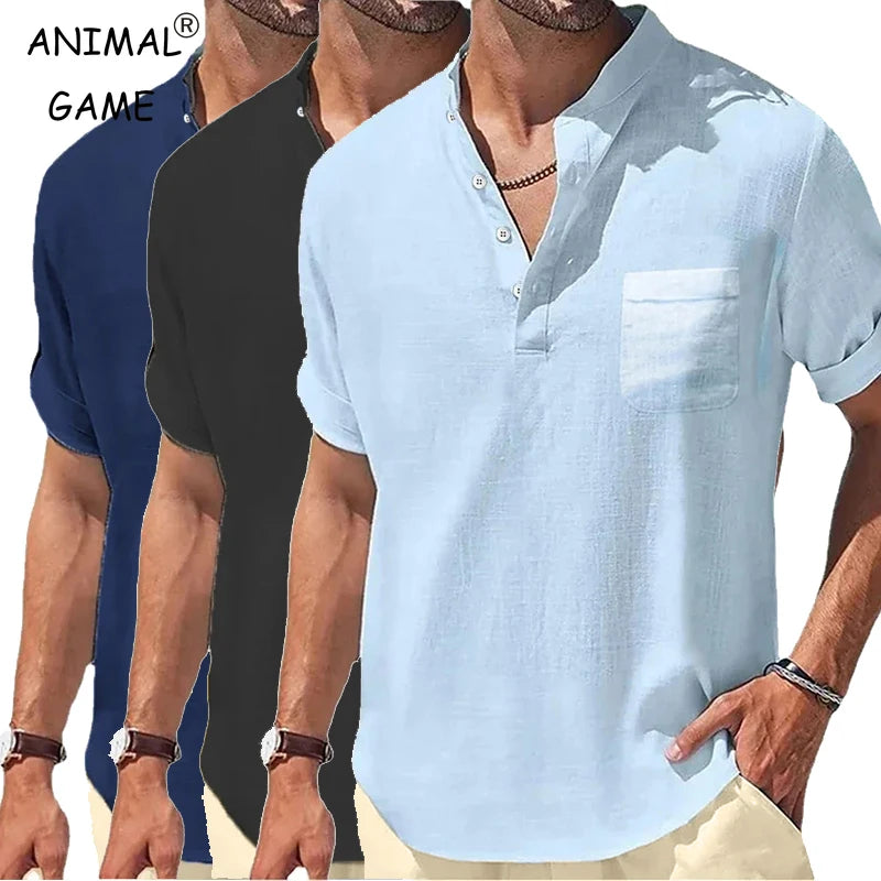 Nouveaux hommes à manches courtes respirant T-shirts été couleur unie chemises de poche de base pour hommes surdimensionné demi bouton lin Streetwear MAEJORKEN