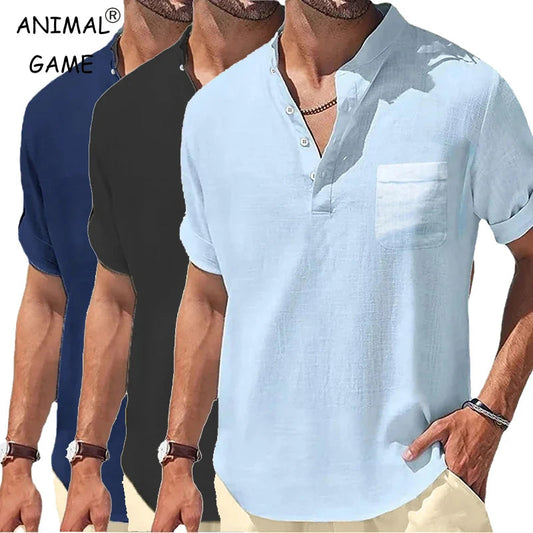 Nouveaux hommes à manches courtes respirant T-shirts été couleur unie chemises de poche de base pour hommes surdimensionné demi bouton lin Streetwear MAEJORKEN