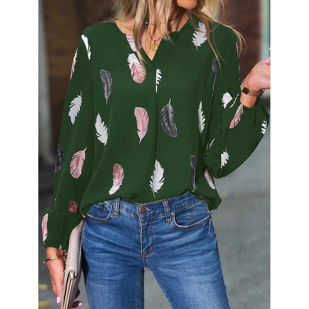 Chemisier femmes haut élégant à manches longues motif de plumes élégant en mousseline de soie du S au 3XL MAEJORKEN