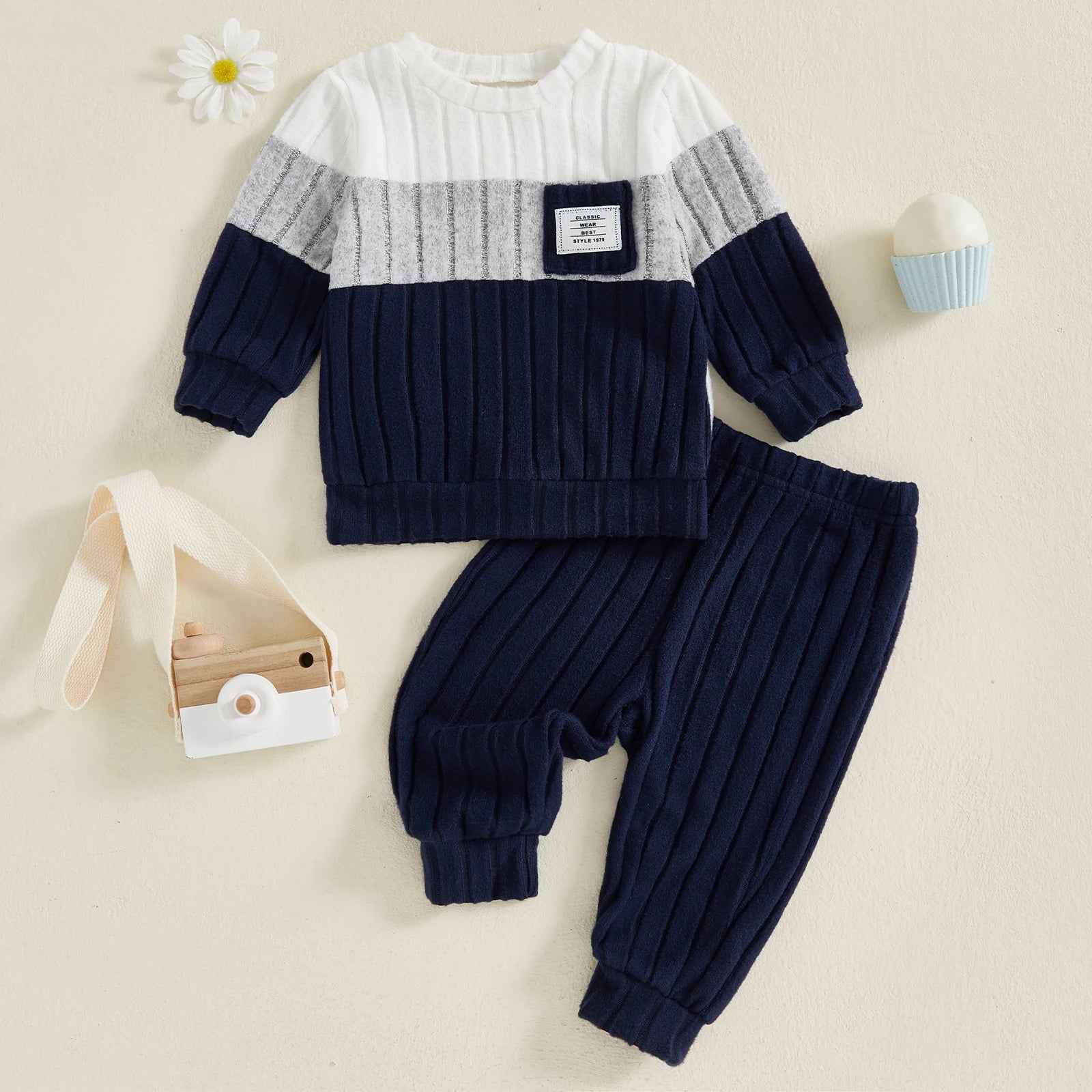 VISgogo 0-3 ans garçons automne 2 pièces ensembles de vêtements à manches longues col rond Patchwork pull couleur unie pantalon MAEJORKEN
