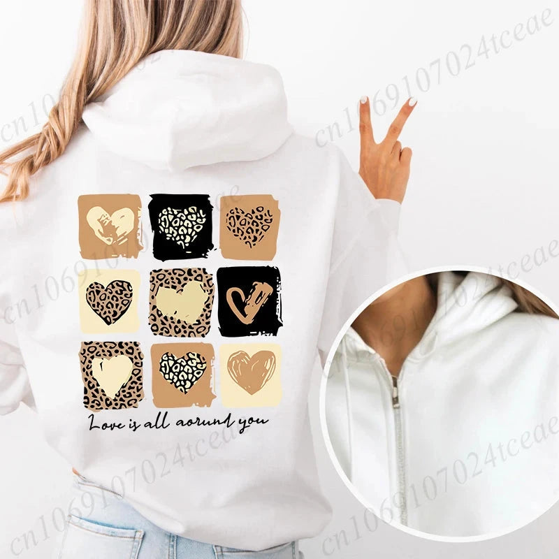Sweat à capuche avec fermeture éclair pour femmes, Style unisexe, surdimensionné, ample, haut d'extérieur, imprimé cœur, léopard, fermeture éclair, nouvelle collection MAEJORKEN