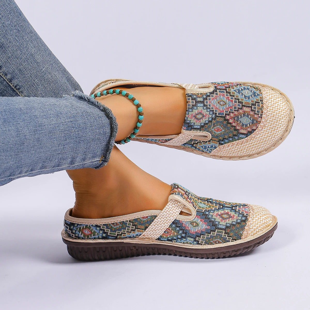 Mules style bohème pour femme, à bout ouvert, antidérapantes, décontractées, à bout rond MAEJORKEN
