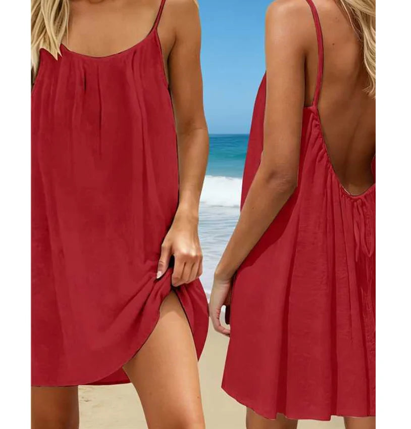 Robe sexy dos nu pour femmes, couleur unie, coupe ample, sans manches, robe courte réglable avec bretelles, robe d'été pour vacances à la plage du S au 2XL MAEJORKEN
