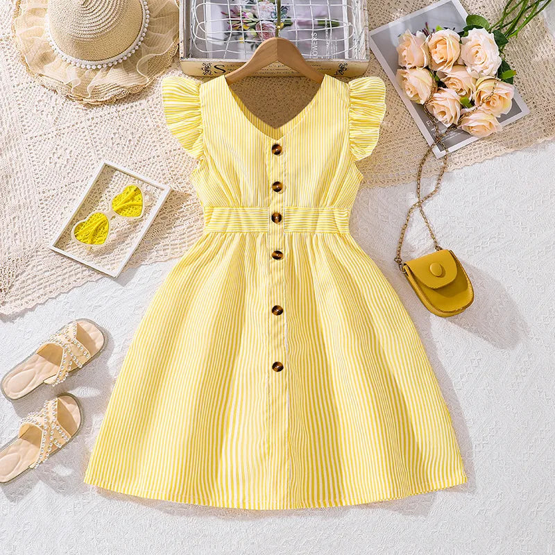 Fille robe d'été manches volantes rayures robe Patchwork couleur chemise robe pour filles décontracté adolescent filles vêtements enfants robes MAEJORKEN