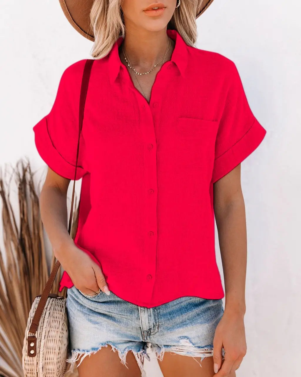 Chemise d'été élégants en coton et lin pour femmes, manches courtes, revers boutonné du S au 2XL MAEJORKEN
