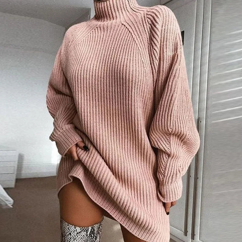 Robe tricotée ample de couleur unie pour femmes, nouvelle collection automne-hiver 2023, pull à manches longues et col roulé MAEJORKEN