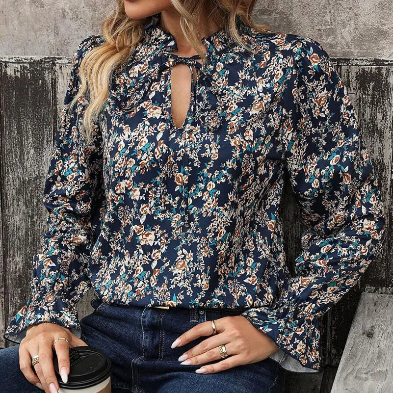 Chemise grande taille pour femmes, col en v imprimé floral avec décoration à lacets, haut de vacances décontracté à manches longues, ample et confortable MAEJORKEN