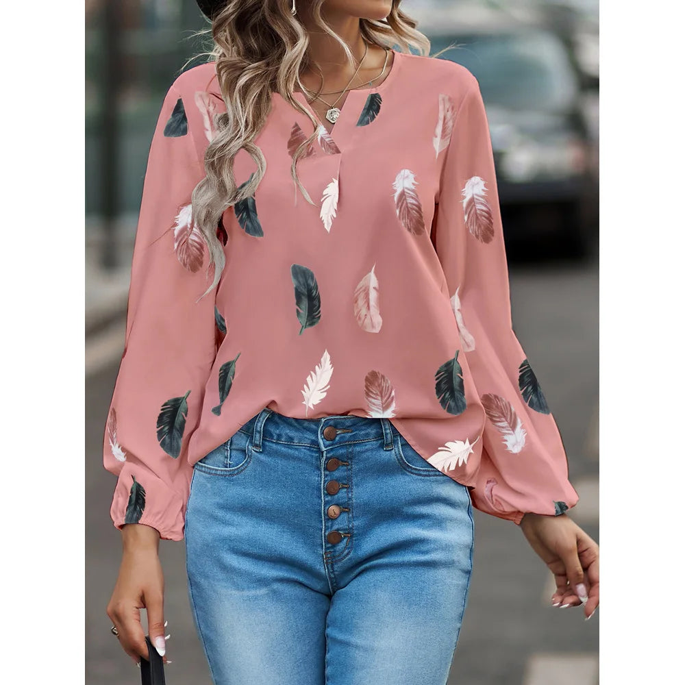 Mode femme Blouse chemises pour femmes haut élégant à manches longues motif de plumes femmes hauts élégant en mousseline de soie Mujer femme vêtements MAEJORKEN