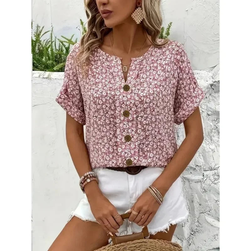 Chemises pour femmes grande taille 2025 printemps été nouvelle mode décontractée impression florale col en v manches courtes Blouses Style coréen vêtements MAEJORKEN