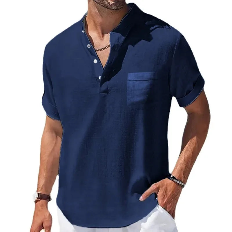 Nouveaux hommes à manches courtes respirant T-shirts été couleur unie chemises de poche de base pour hommes surdimensionné demi bouton lin Streetwear MAEJORKEN
