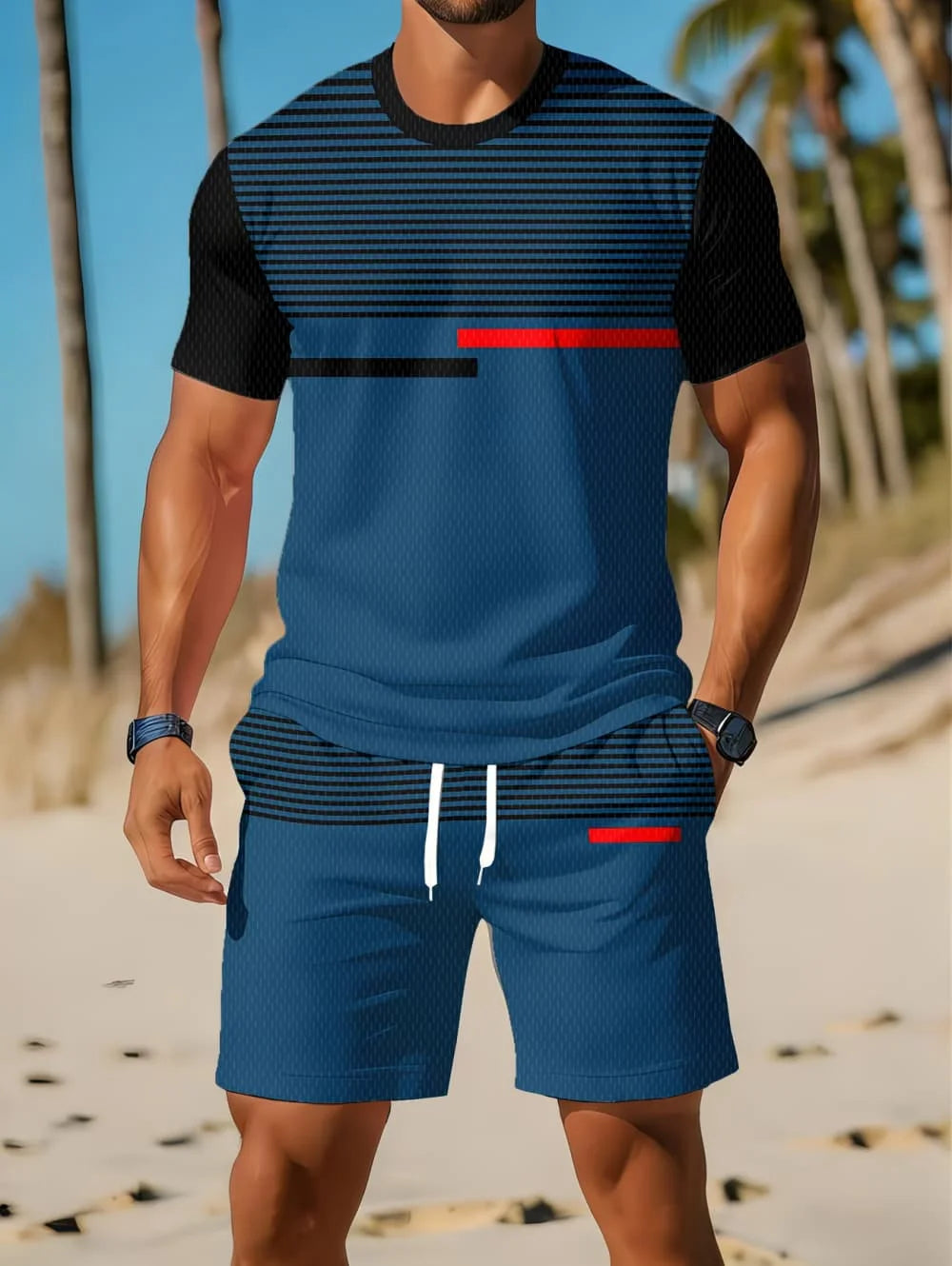 Nouvel Arrivage Été 2026 – Ensemble Décontracté Homme Deux Pièces : Chemise Rayée Imprimée 3D à Manches Courtes et Short de Sport – Ensemble de Fitness pour Homme MAEJORKEN
