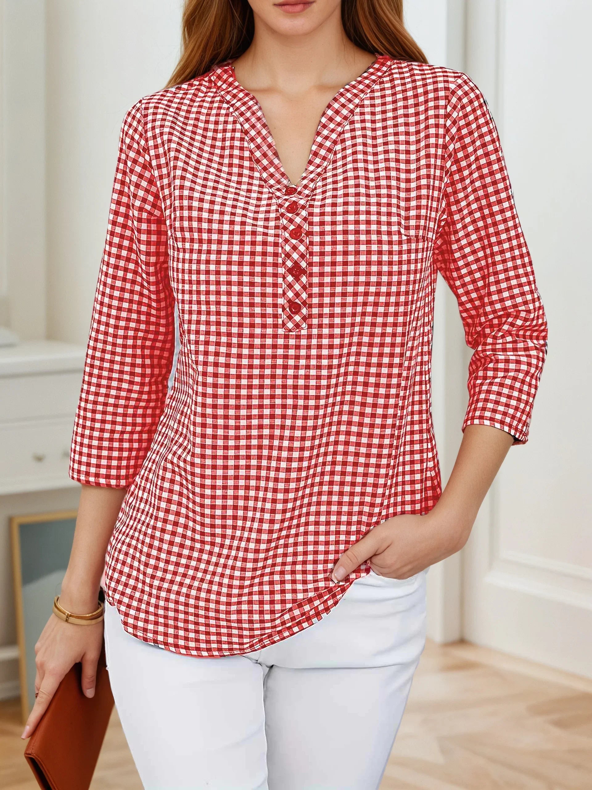 Grande taille printemps automne femmes Fine Plaid mode à manches longues col en v Blouse coupe ajustée tempérament haut ventre couvrant petites chemises MAEJORKEN