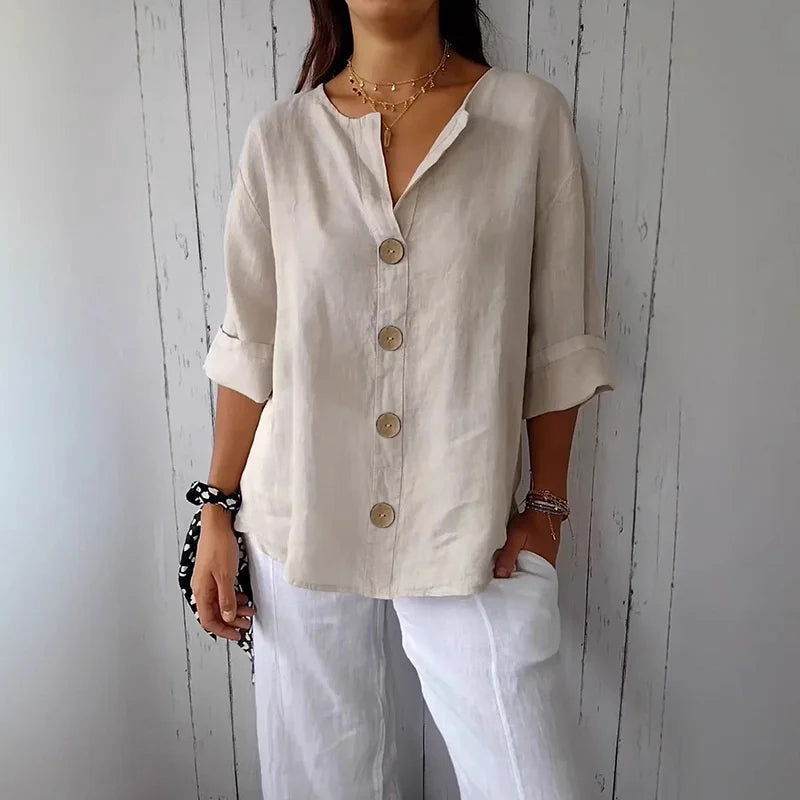 Chemise ample d'été pour femmes, col en v, coton et lin, boutons, chemises décontractées, couleur unie, mode élégante, vêtements de bureau pour femmes, chemisier 2025 MAEJORKEN