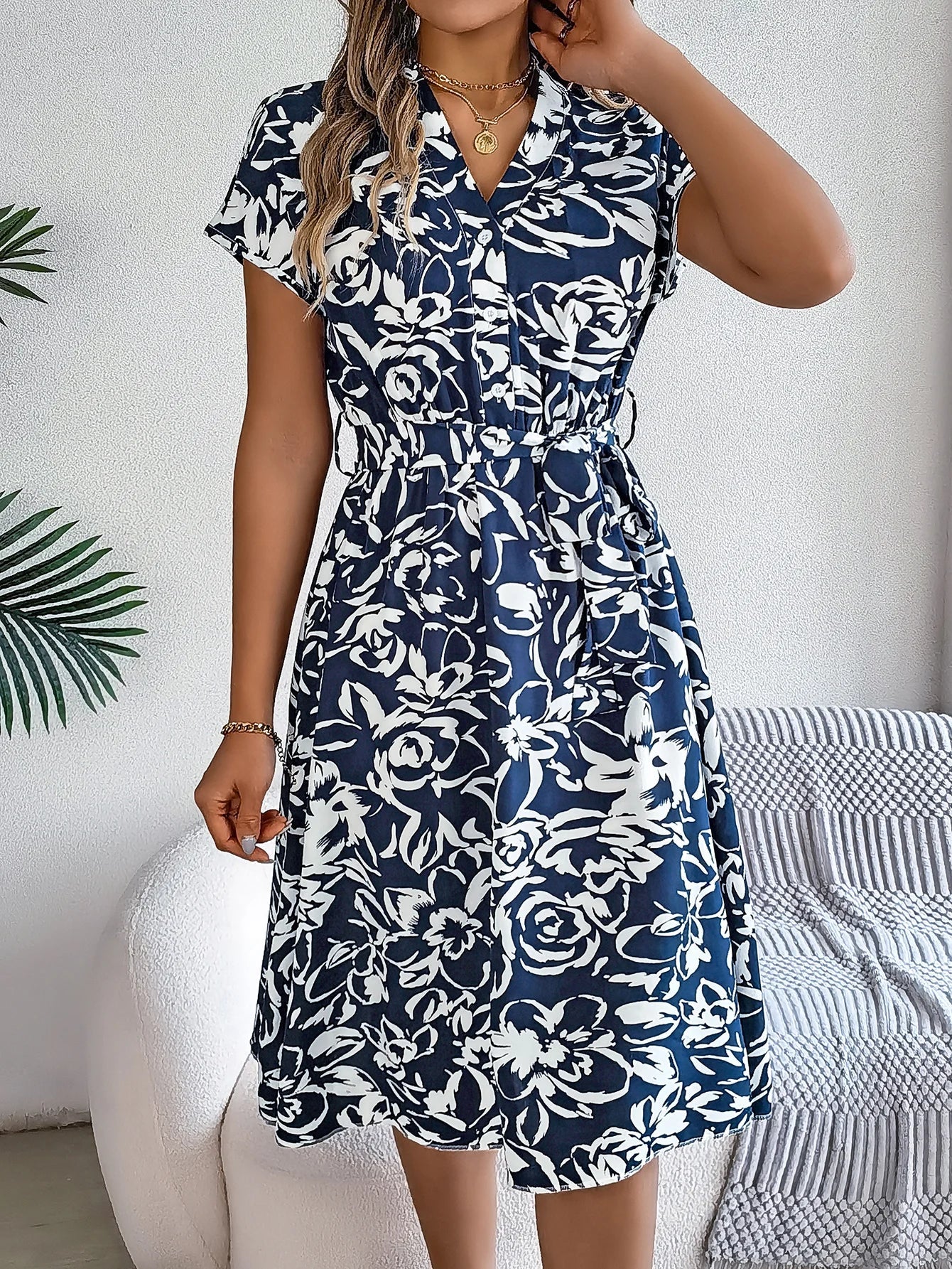 Robes décontractées pour femmes, col en v, boutons, imprimé floral, manches courtes, robe trapèze, printemps été MAEJORKEN