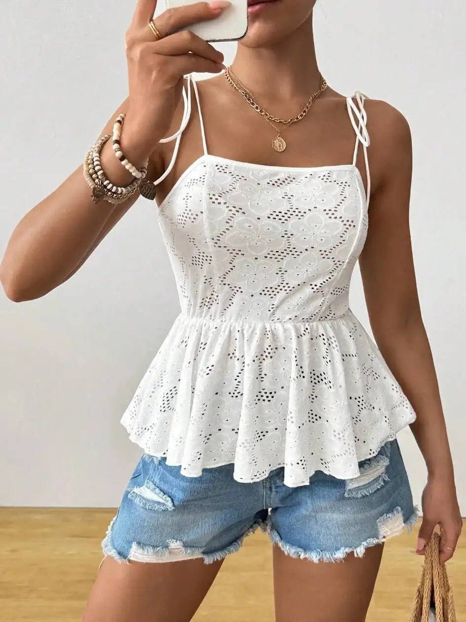 Débardeur Femme Printemps-Été Blanc en Dentelle à Nœuds Bretelles Fines Col Carré Ourlet Peplum Décontracté pour les Vacances MAEJORKEN