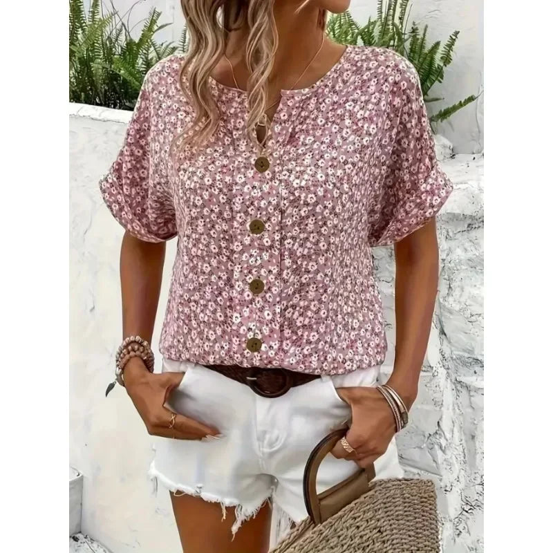 Chemises pour femmes grande taille 2025 printemps été nouvelle mode décontractée impression florale col en v manches courtes Blouses Style coréen vêtements MAEJORKEN
