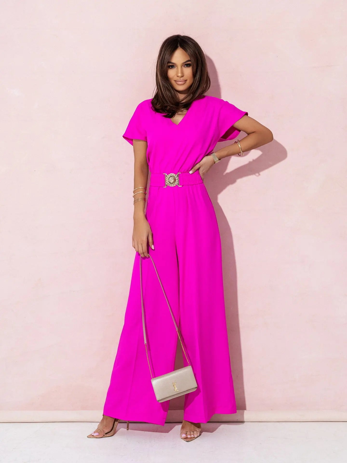 Mode col en v manches courtes taille haute combinaison femmes 2024 été solide jambe large élégant barboteuse Vintage combinaisons salopette femmes MAEJORKEN