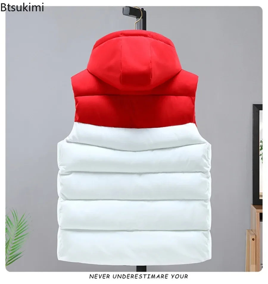2025 hommes hiver épaissir vers le bas coton gilet épissure sans manches Parka veste décontracté coupe-vent chaud gilet hommes fermeture éclair vêtements d'extérieur à capuche MAEJORKEN