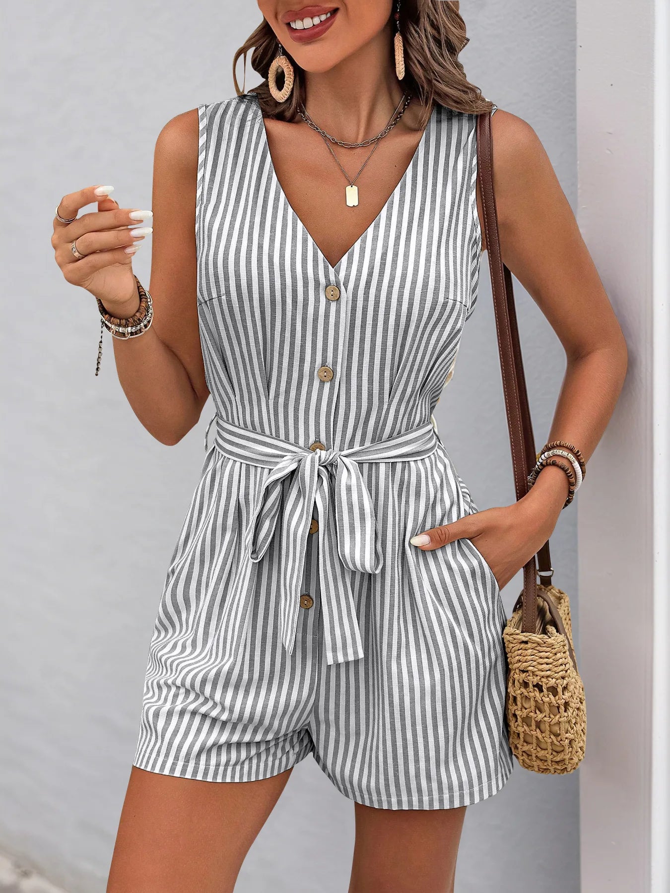 Barboteuse rayée sans manches pour femmes, col en v, ceinture à la taille, bouton sur le devant, pour tenue de station décontractée du S au XL MAEJORKEN