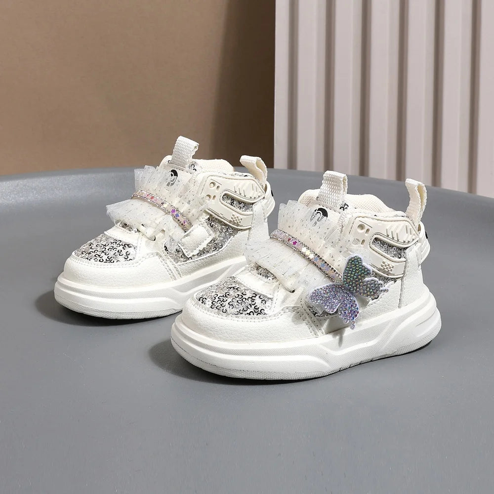 Chaussures d'automne en cuir pour enfants, baskets de Sport pour enfants en bas âge, mignonnes papillons scintillants, semelle souple, à la mode, pour filles, nouvelle collection 2025 MAEJORKEN