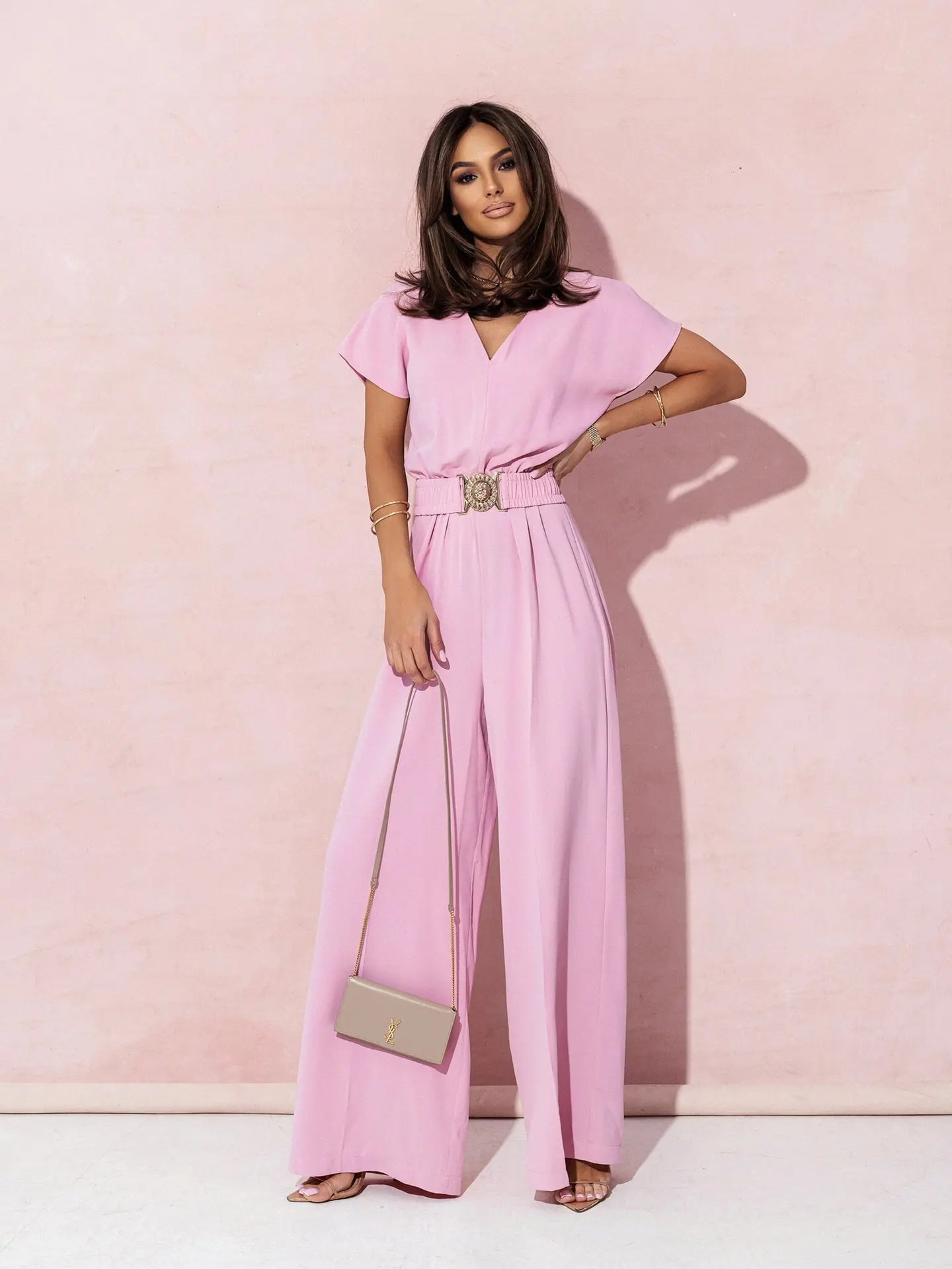Mode col en v manches courtes taille haute combinaison femmes 2024 été solide jambe large élégant barboteuse Vintage combinaisons salopette femmes MAEJORKEN