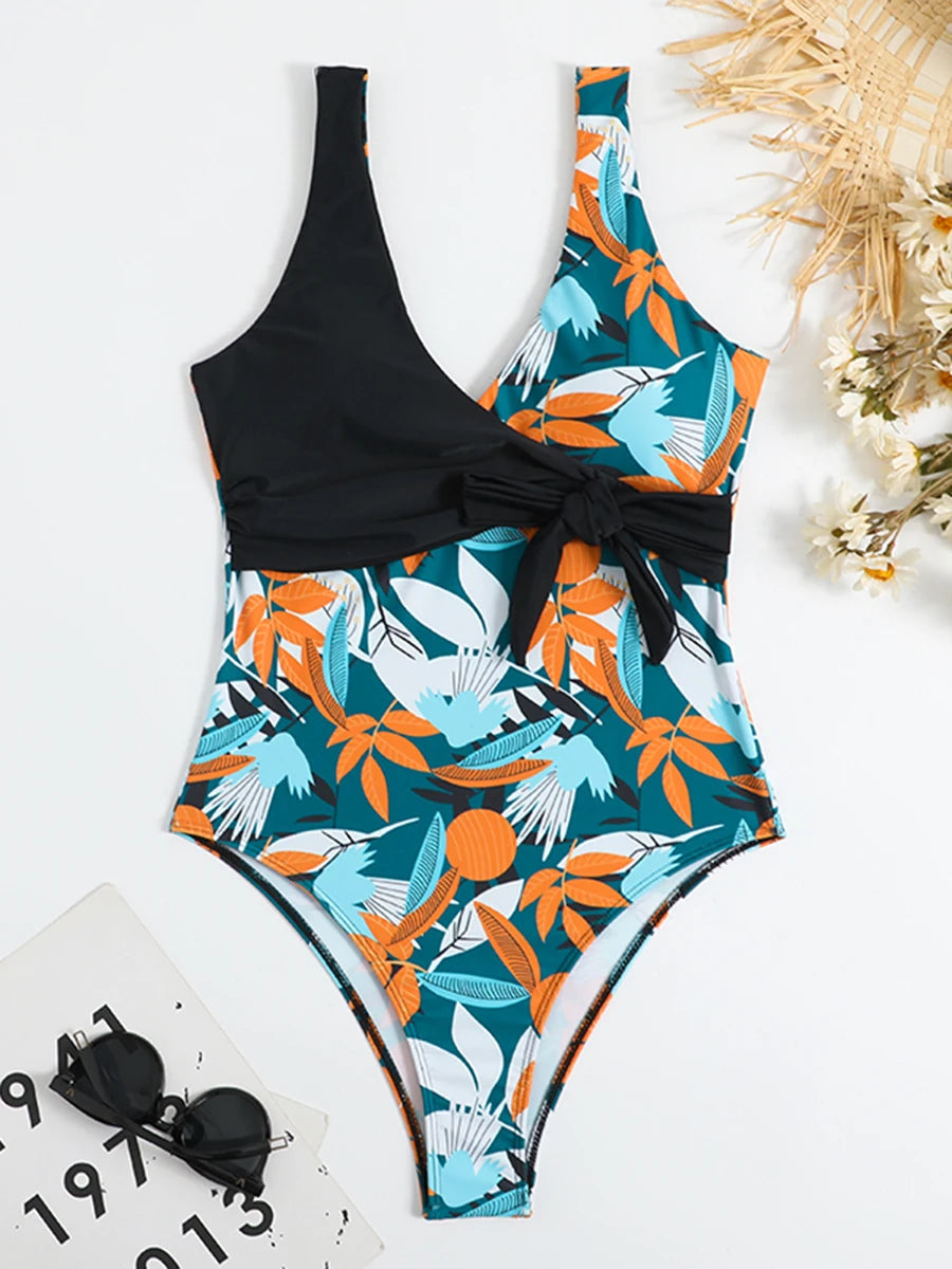 Maillot de bain une pièce imprimé tropical 2026 avec nœud latéral et ceinture, rembourré, pour femme, tenue de plage estivale MAEJORKEN