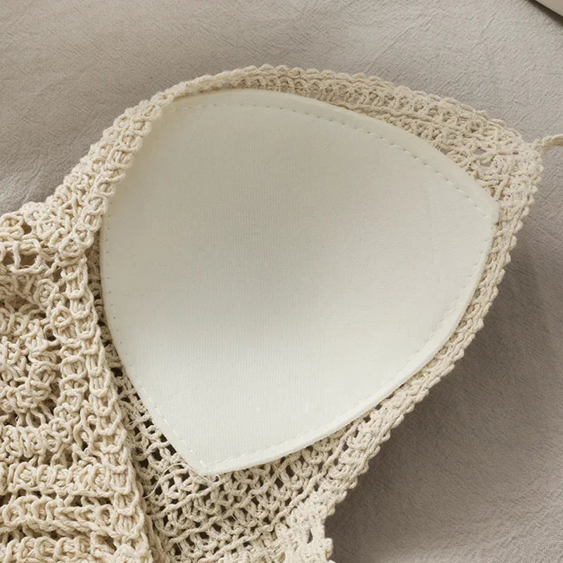 Soutien gorges de maillot de bain de plage sexy pour femmes, dos nu, col licou, crochet, tricot,  glaçure creuse, pompon, haut précieux MAEJORKEN