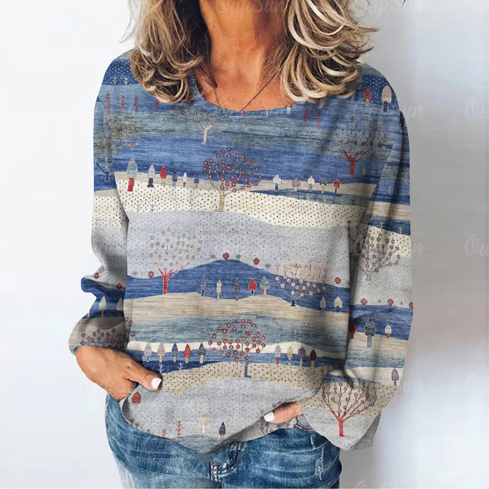 T-shirt à manches longues imprimé paysage naturel pour femmes, vêtements décontractés pour femmes, mode rétro, Y-03/adt MAEJORKEN