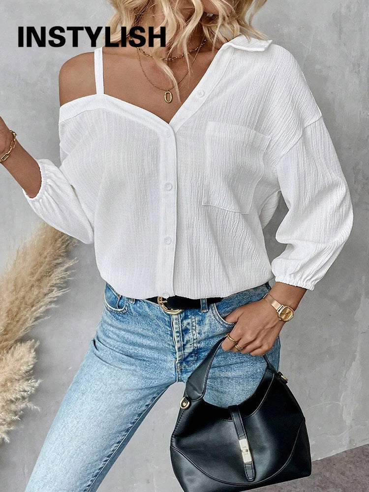Chemise élégante pour femmes, épaules dénudées, trois quarts, chemisier sexy, décontracté, boutons unis, chemise ample, hauts de bureau pour femmes, streetwear, tuniques du S au XL MAEJORKEN
