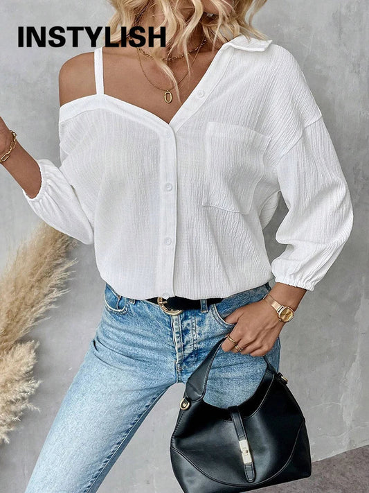 Chemise élégante pour femmes, épaules dénudées, trois quarts, chemisier sexy, décontracté, boutons unis, chemise ample, hauts de bureau pour femmes, streetwear, tuniques du S au XL MAEJORKEN