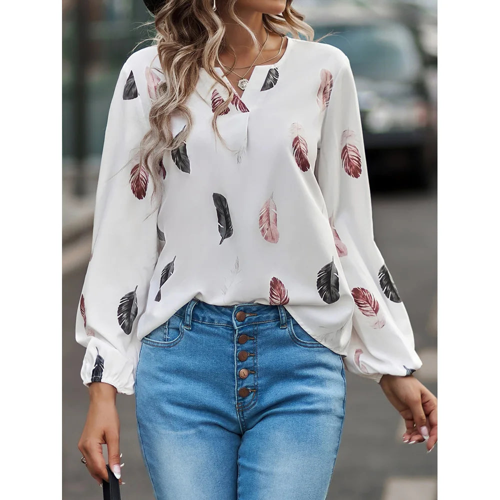 Mode femme Blouse chemises pour femmes haut élégant à manches longues motif de plumes femmes hauts élégant en mousseline de soie Mujer femme vêtements MAEJORKEN