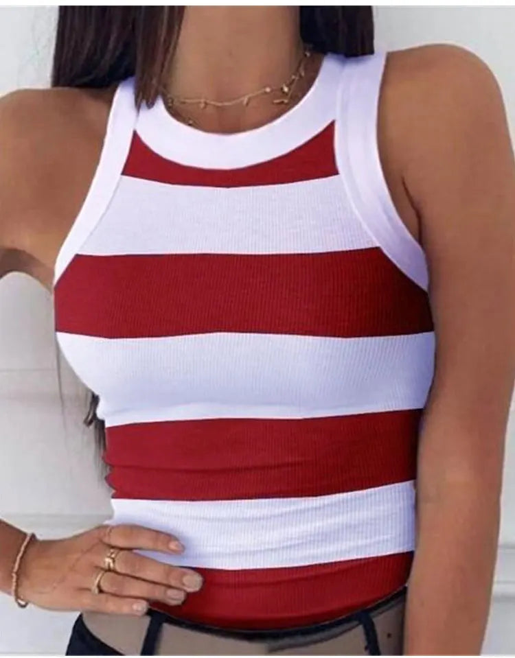 Débardeur élastique de base d'été T-shirt d'impression numérique femmes col rond dos nageur débardeur Sexy imprimé à rayures débardeur sans manches MAEJORKEN
