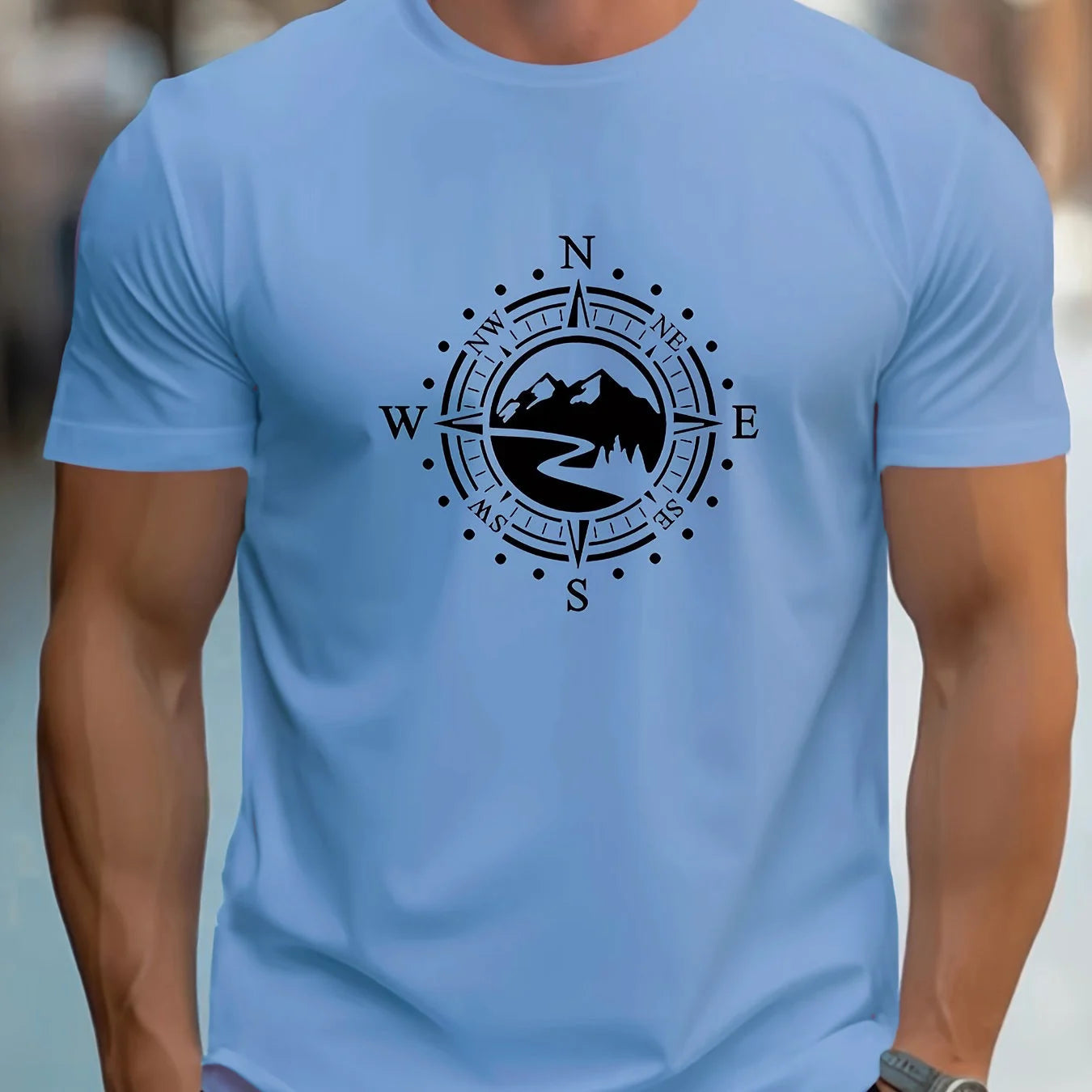 T-shirt manches courtes col rond pour hommes, décontracté, ample, grand motif de boussole imprimé, sport, confortable, été MAEJORKEN
