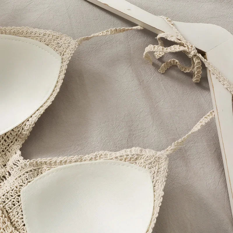 Soutien gorges de maillot de bain de plage sexy pour femmes, dos nu, col licou, crochet, tricot,  glaçure creuse, pompon, haut précieux MAEJORKEN