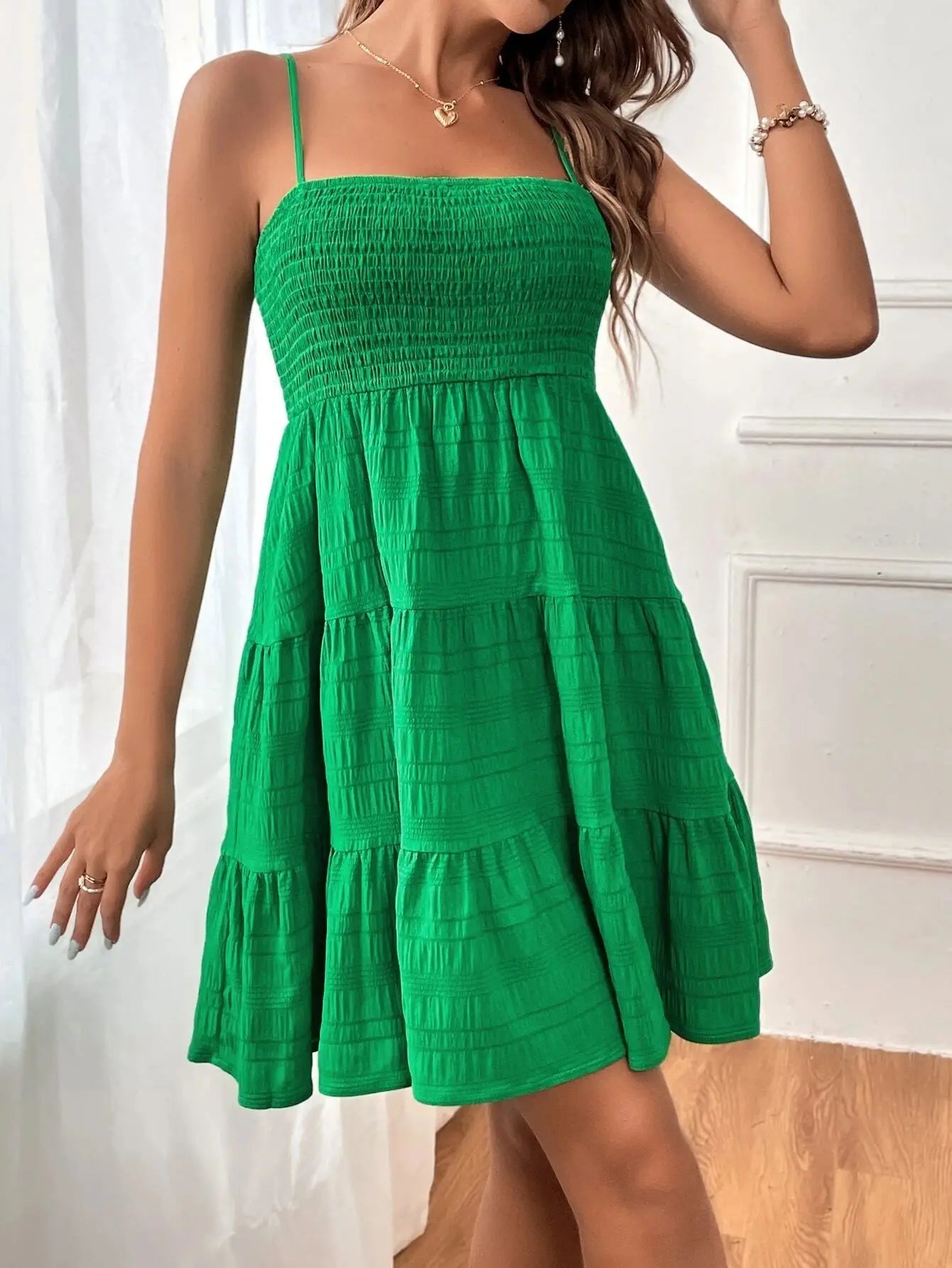 Mode femme Spaghetti sangle smocké Bustier Mini robe bleu à volants à plusieurs niveaux robe trapèze été décontracté vacances vêtements de plage du S au 2XL MAEJORKEN