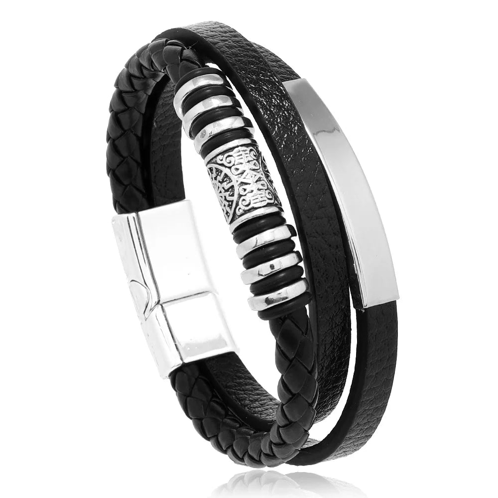 Bracelets en cuir tendance pour hommes, en acier inoxydable, corde tressée multicouche de 21CM, bijoux cadeaux MAEJORKEN