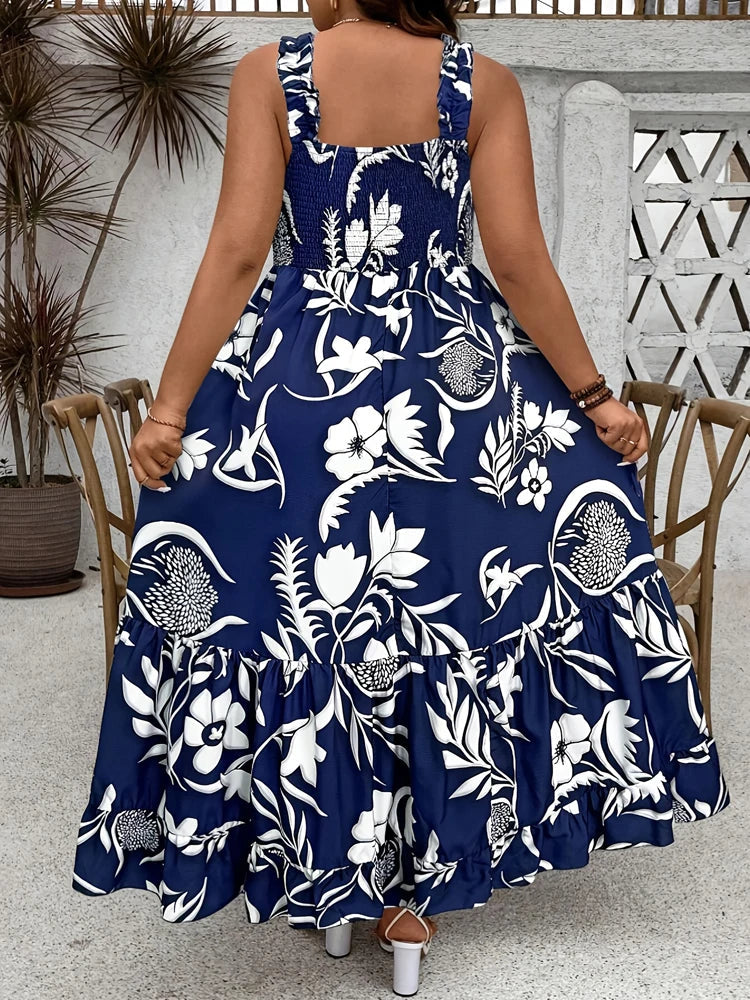 Grande taille 2025 été nouvelle robe florale de vacances licou avec ourlet à volants et buste froncé robe grande taille Polyester MAEJORKEN