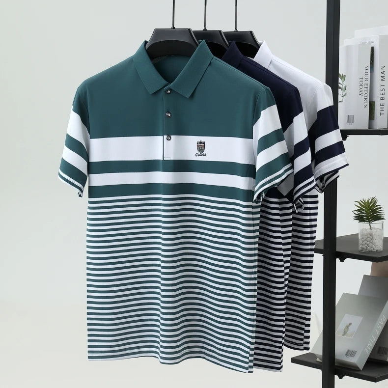 Polo à manches courtes pour hommes marque haut de gamme en relief mode rayure couleur bloquée été soie glacée respirant luxe Paul T-shirt MAEJORKEN