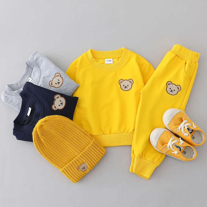Ensemble 2 pièces pour enfants, pantalon Simple à manches longues et col rond avec tête d'ours, printemps et automne MAEJORKEN