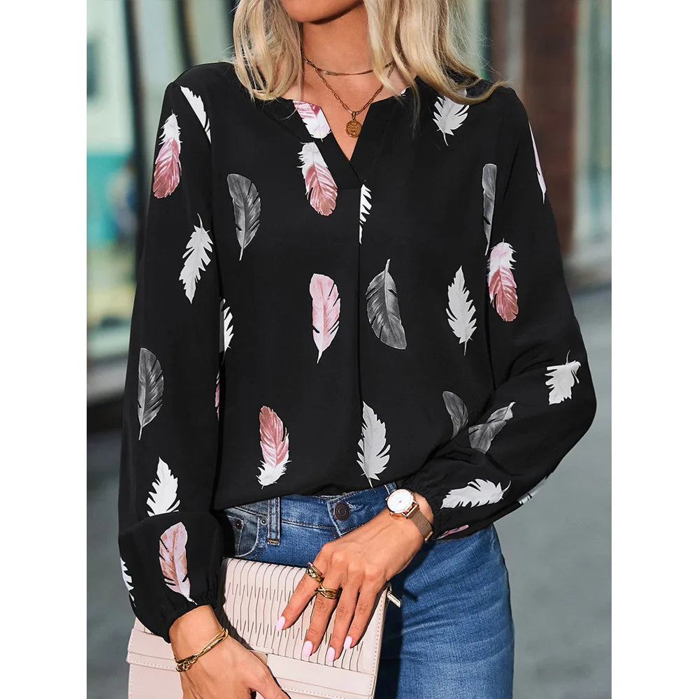 Chemisier femmes haut élégant à manches longues motif de plumes élégant en mousseline de soie du S au 3XL MAEJORKEN